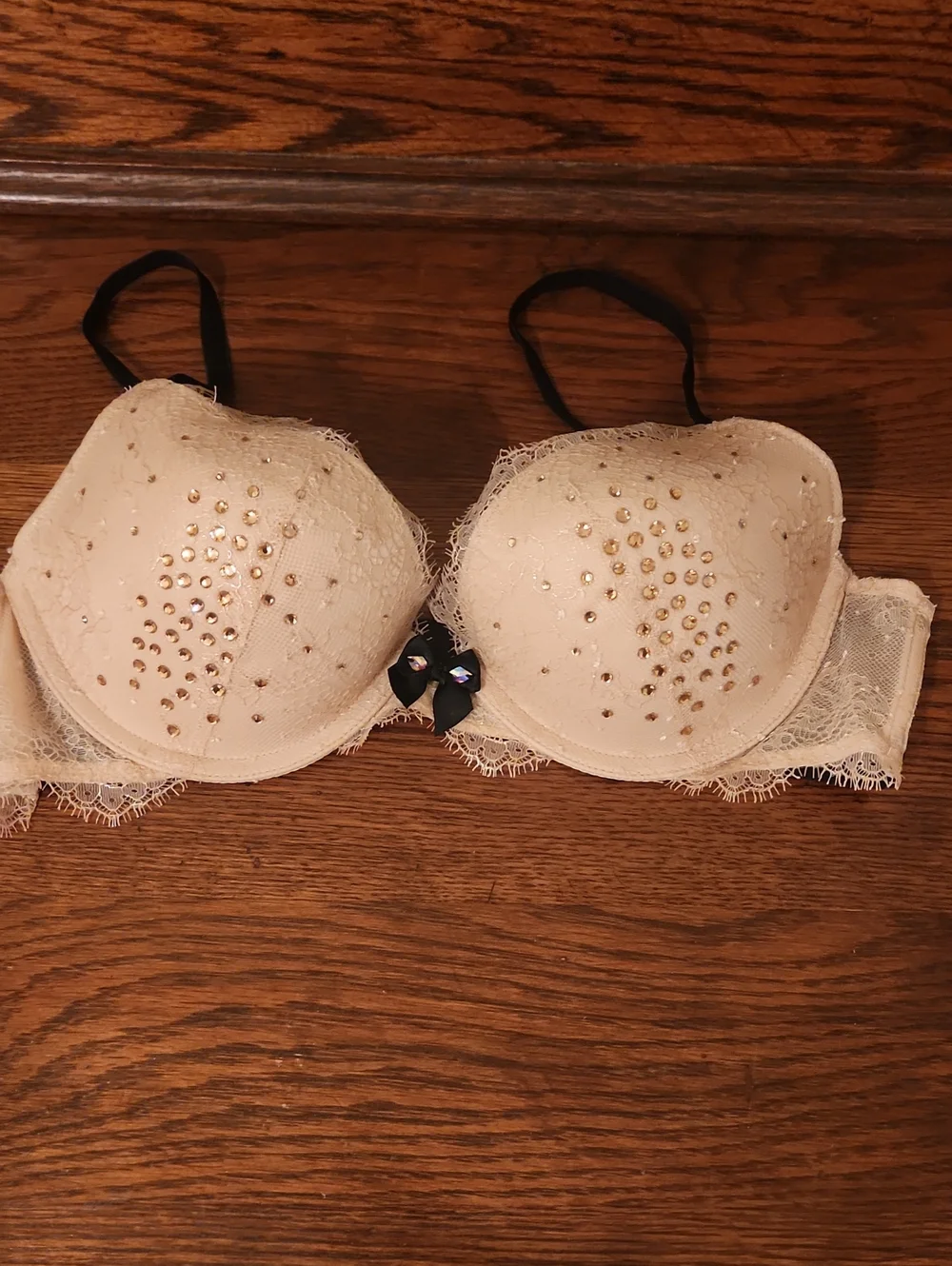 Victoria's Secret Champagne Lace Bra with Black Straps